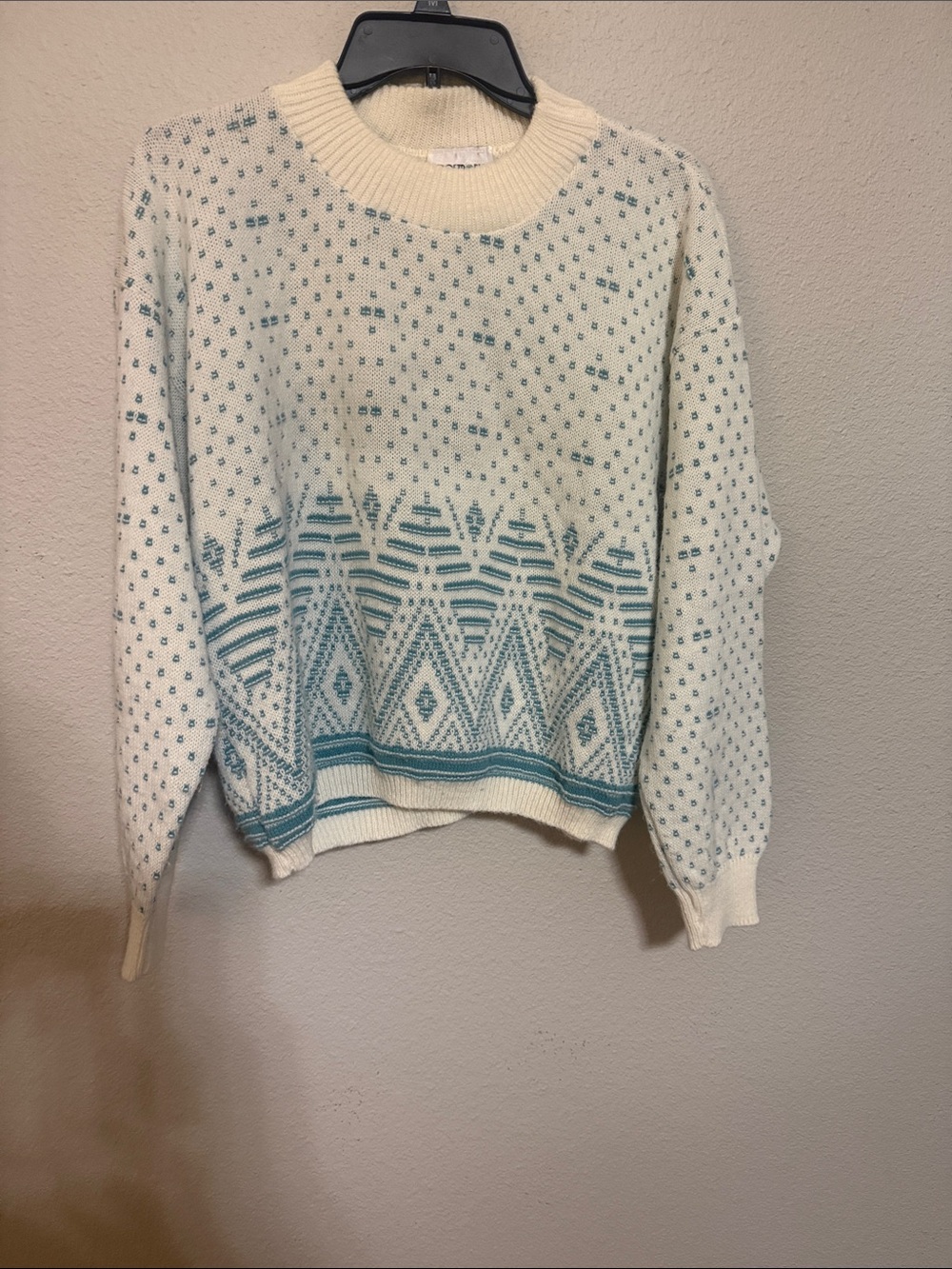 Apostrophe Cream Crewneck Sweater with Teal Geometric Border